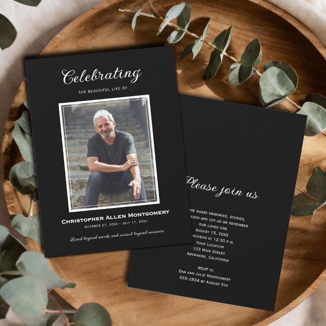 Celebration of Life Funeral Memorial Einladung (Celebration of Life photo funeral black invitations, PRINTED and/or INSTANT DOWNLOAD)