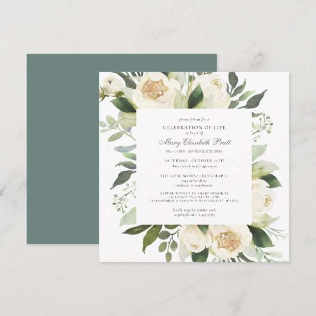 Celebration of Life Funeral Memorial White Floral Einladung (Vorne/Hinten)