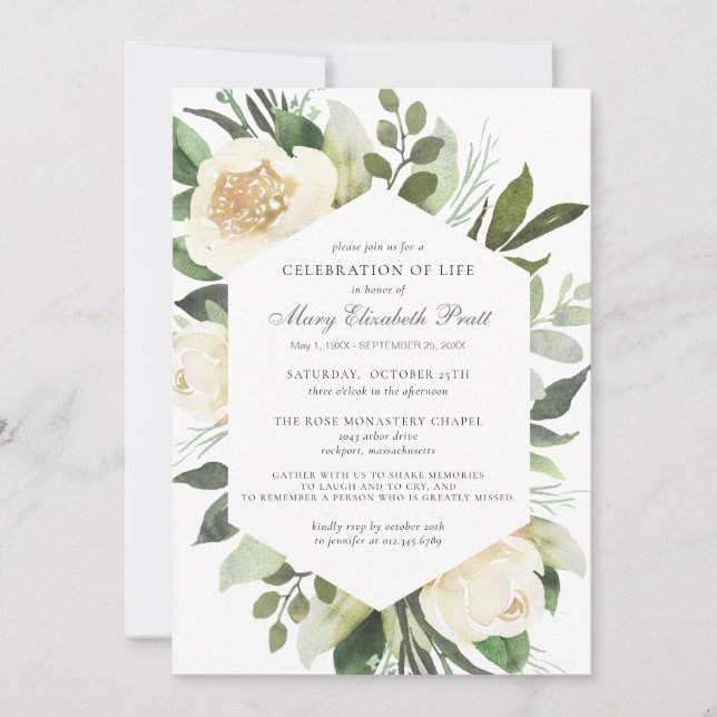 Celebration of Life Funeral Memorial White Floral Einladung (Vorderseite)
