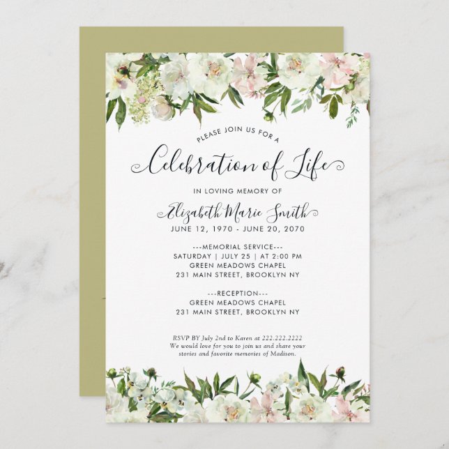 Celebration of Life Funeral Memorial White Floral Einladung (Vorne/Hinten)