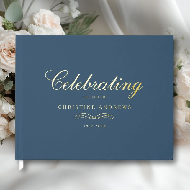 Celebration of Life Memorial–Elegant Minimal Blue Gästebuch (Celebration of Life Memorial–Elegant Minimal Blue Foil Guest Book)
