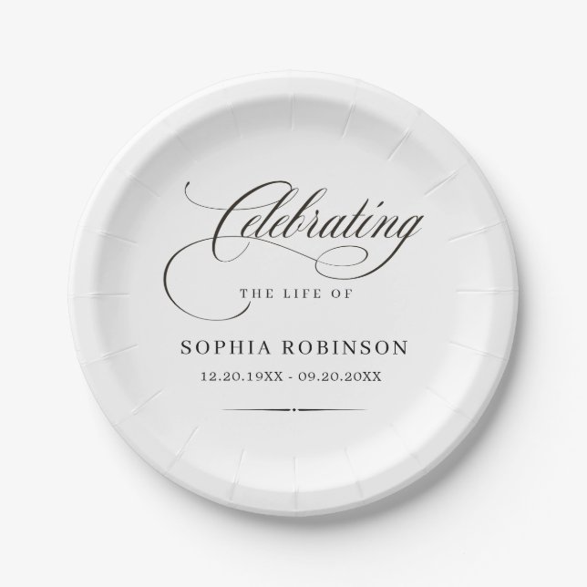 Celebration of Life Modern Elegant Script Funeral  Pappteller (Vorderseite)