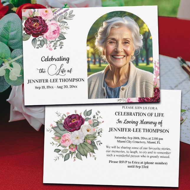 Celebration Of Life Peonies Photo Funeral Einladung (Von Creator hochgeladen)