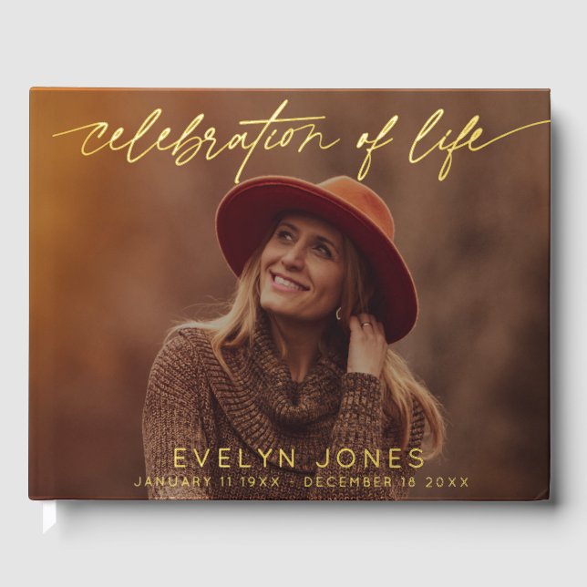 Celebration of Life Script Funeral Photo | Black  Gästebuch (Vorderseite)