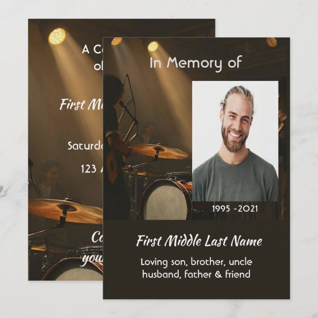 Celebration of Life Service  Drummer Drums Band  Einladung (Vorne/Hinten)