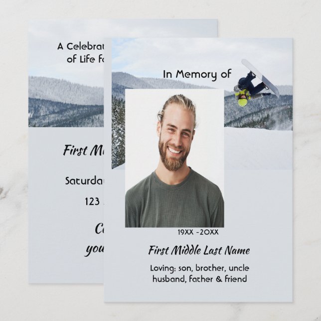 Celebration of Life Service  Snowboarding Winter Einladung (Vorne/Hinten)