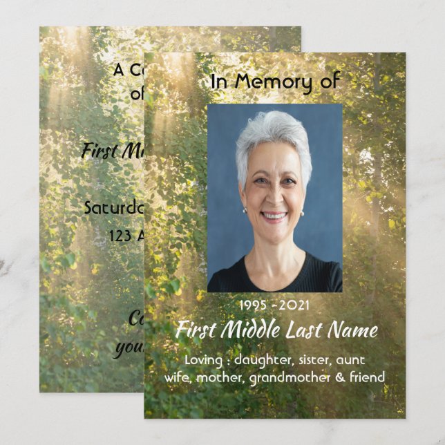 Celebration of Life Service Sunshine Golden Forest Einladung (Vorne/Hinten)