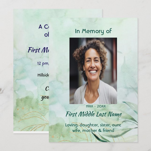 Celebration of Life Service Watercolor Foliage  Einladung (Vorne/Hinten)