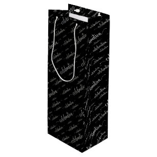 Celebration Script Silver Pattern auf schwarz Geschenktüte Für Weinflaschen