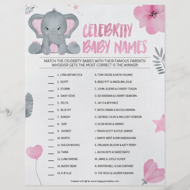 Celebrity Baby Names [Baby Elephant [Pink] Briefbogen (Vorderseite)
