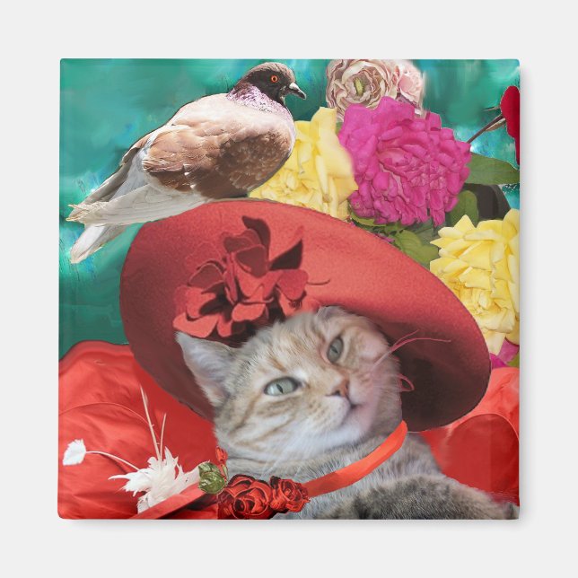CELEBRITY CAT PRINCESS TATUS MIT RED HAT AND DOVE MAGNET (Vorne)