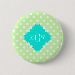 Celery Polka Dot Aqua Quatrefoil 3 Monogramm Button