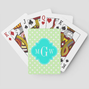 Celery Polka Dot Aqua Quatrefoil 3 Monogramm Spielkarten