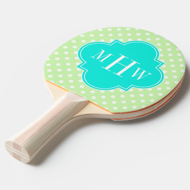 Celery Polka Dot Aqua Quatrefoil 3 Monogramm Tischtennis Schläger (Vorderseite)