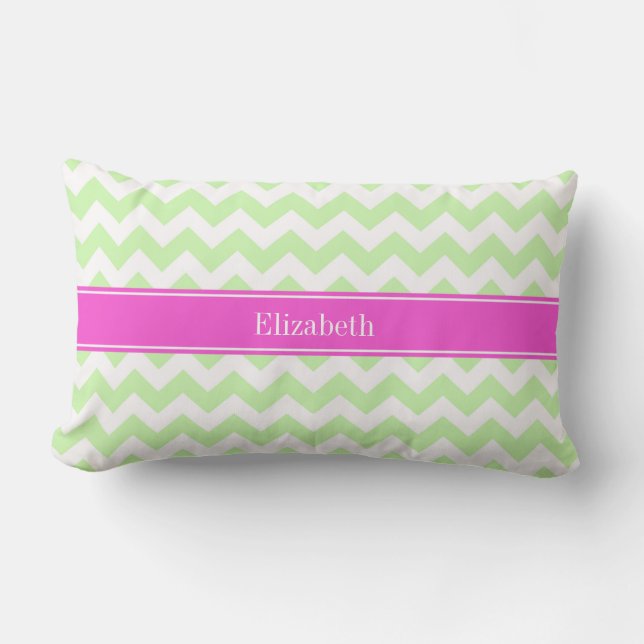 Celery White Chevron Hot Pink Name Monogram Lendenkissen (Vorderseite)