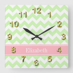 Celery White Chevron Pink Name Monogram Quadratische Wanduhr