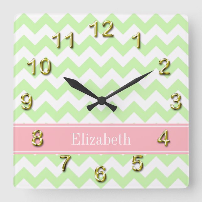 Celery White Zickzack Pink Name Monogram Quadratische Wanduhr (Vorderseite)