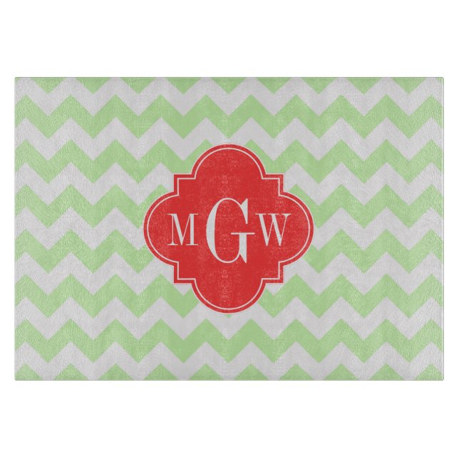Celery Wihte Chevron Coral Quatrefolie 3 Monogramm Schneidebrett (Vorderseite)