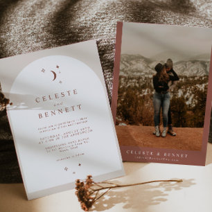 CELESTE Boho Moon & Stars Terracotta Arch Wedding Einladung