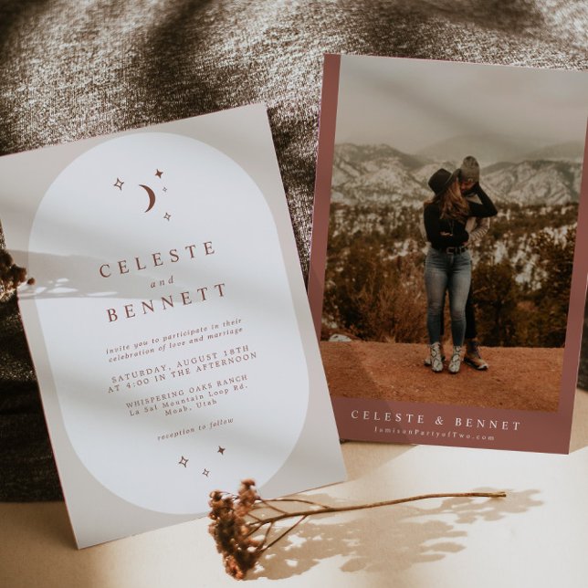 CELESTE Boho Moon & Stars Terracotta Wedding Einladung (Von Creator hochgeladen)