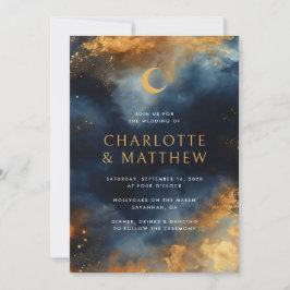 Celestial Abstrakt Blue Golden Moon Hochzeit Einladung