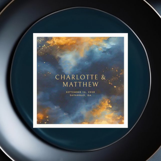 Celestial Abstrakt Blue Golden Names Wedding Serviette (Von Creator hochgeladen)