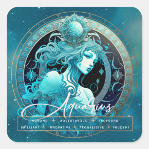 Celestial Aquarius Fantasy Script Ethereal Zodiac Quadratischer Aufkleber