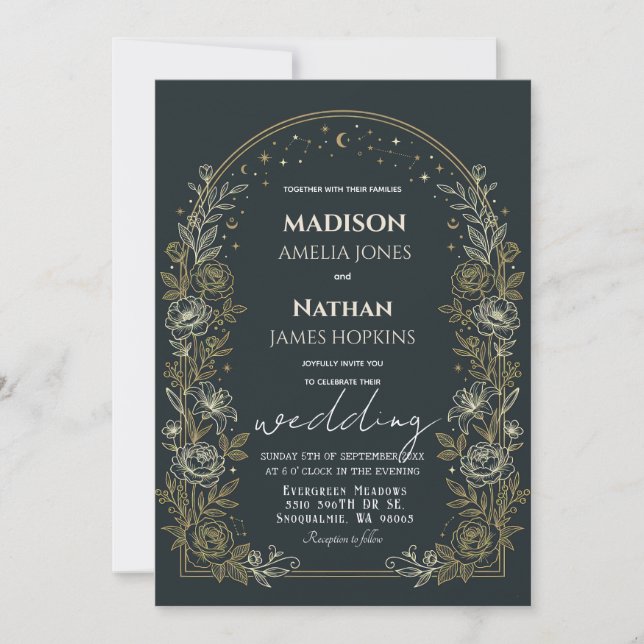 Celestial Arch Wedding Invitation Gold Frame Einladung (Vorderseite)