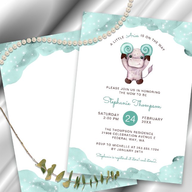 Celestial Aries Astrologie Schild Mint Babydusche Einladung (Celestial Aries Astrology Sign Mint Baby Shower Invitation)