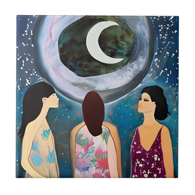 Celestial Artwork | Frauen mit Blick auf den Mond Fliese (Vorderseite)