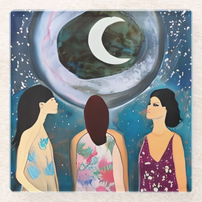 Celestial Artwork | Frauen mit Blick auf den Mond Glasuntersetzer (Vorderseite)