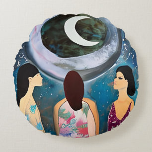 Celestial Artwork Frauen mit Blick auf den Mond Rundes Kissen