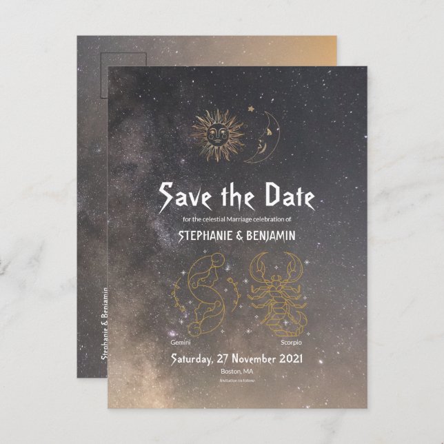 Celestial Astrologie Gemini Scorpio Sign Grau Ankündigungspostkarte (Vorne/Hinten)