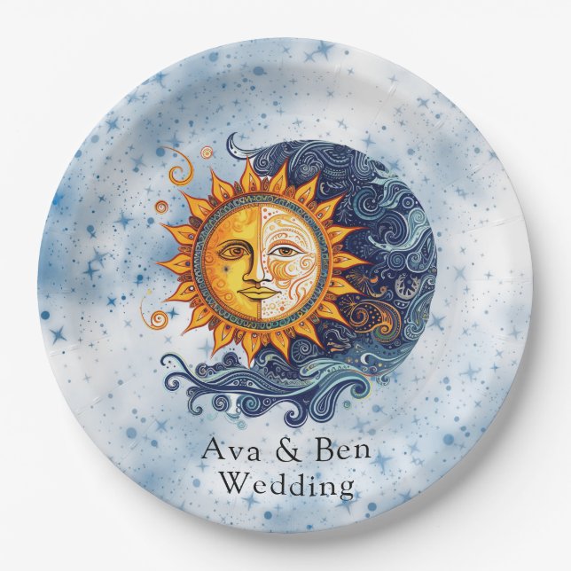 Celestial Astronomy Yellow Blue Sun Wedding Pappteller (Vorderseite)