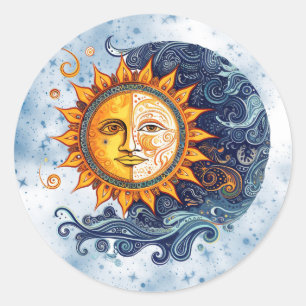 Celestial Astronomy Yellow Blue Sun Wedding Runder Aufkleber