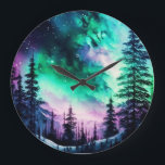 Celestial Aurora Borealis Northern Lights Vivid Große Wanduhr<br><div class="desc">Treten Sie ein in die faszinierende Welt der Nordlichter mit unserer atemberaubenden Nordlichtwand-Uhr, einem exquisiten Stück, das himmlische Schönheit und funktionale Eleganz verbindet. Diese außergewöhnliche Uhr zeigt ein lebendiges Bild des Waldes, der Berge und einen sternenbedeckten Himmel unter der faszinierenden Ausstellung der Aurora Borealis. Vor dem Hintergrund der tiefen, himmlischen...</div>