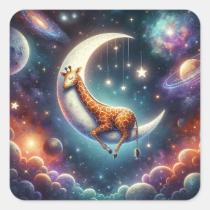 Celestial Baby Giraffe Schlafen auf dem Mond & den Quadratischer Aufkleber
