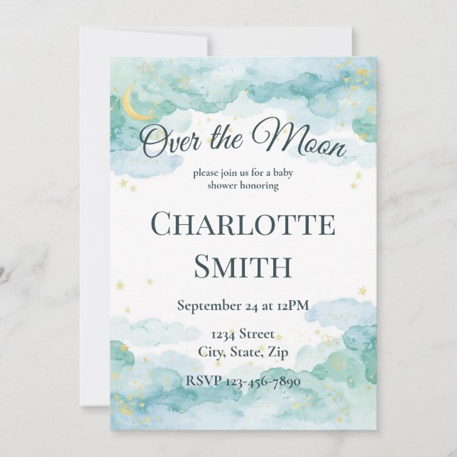 Celestial Baby Shower Invitation | Watercolor Moon Einladung (Vorderseite)