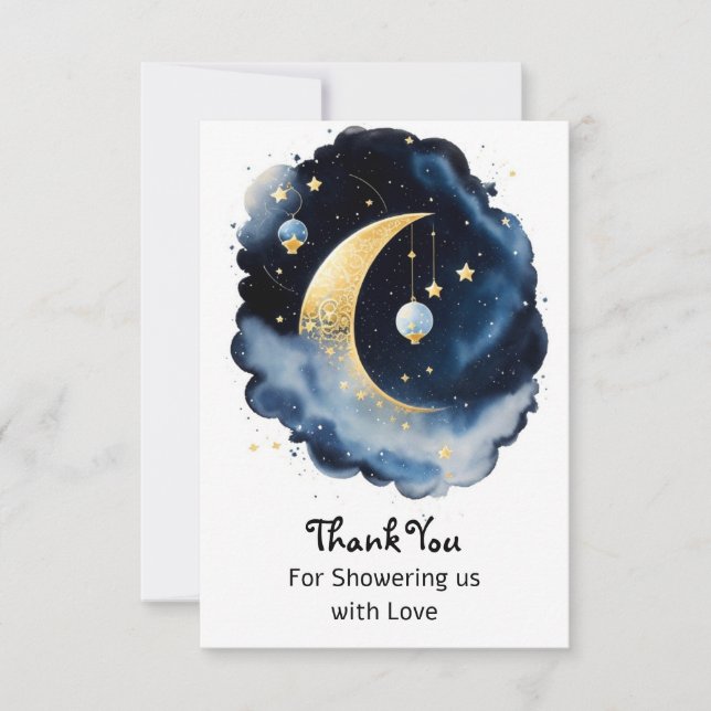 Celestial Baby Shower Moon & Stars Watercolor Dankeskarte (Vorderseite)