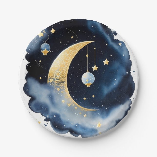 Celestial Baby Shower Moon & Stars Watercolor Pappteller (Vorderseite)