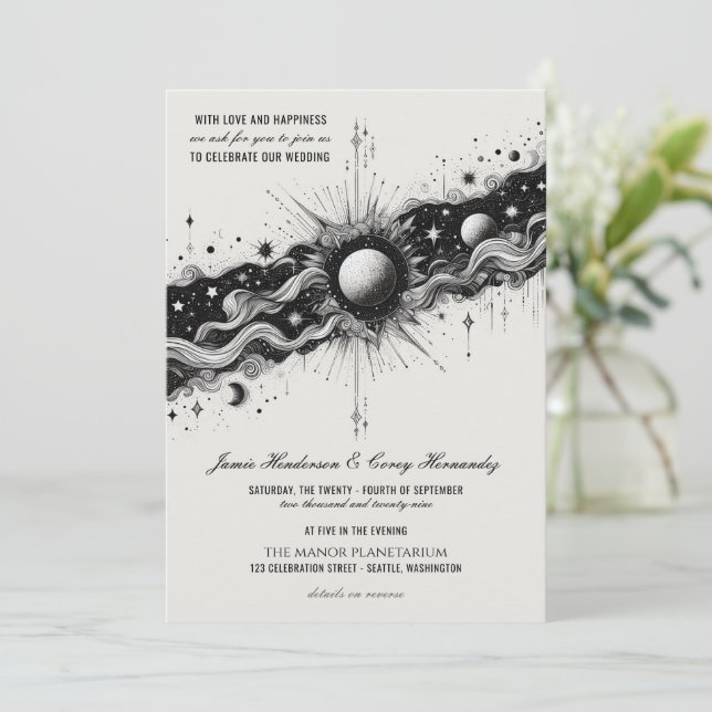 Celestial Band Hochzeit Einladung mit QR-Code (Stehend Vorderseite)