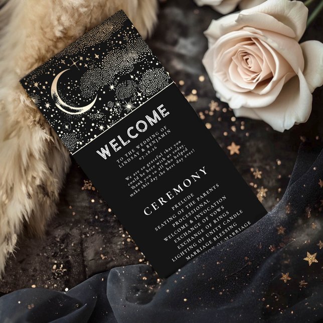 Celestial Black and Gold Wedding Programs Programm (Celestial Black Wedding Programs)