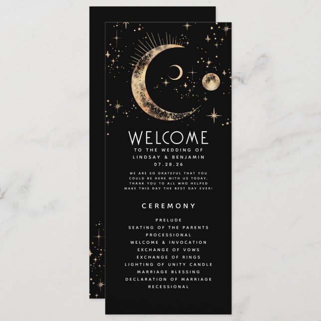 Celestial Black and Gold Wedding Programs Programm (Vorne/Hinten)