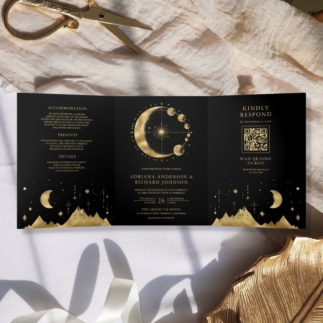 Celestial Black Gold Crescent Moon Phasen Hochzeit Dreifach Gefaltete Einladung (Von Creator hochgeladen)