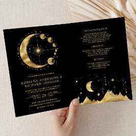 Celestial Black Gold Crescent Moon Phases Wedding Einladung
