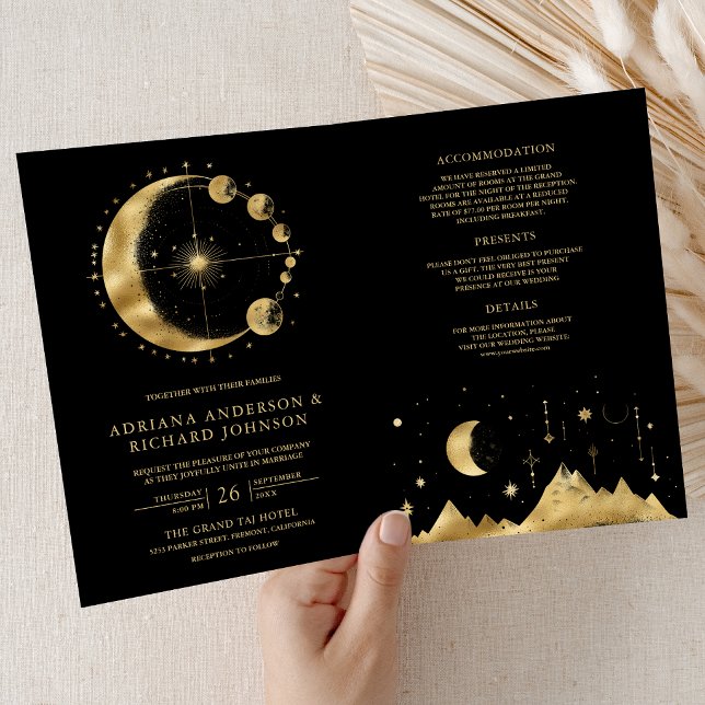 Celestial Black Gold Crescent Moon Phases Wedding Einladung (Von Creator hochgeladen)