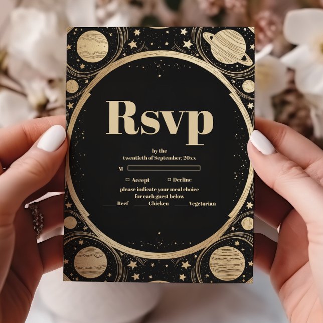 Celestial Black Gold Crescent Moon Wedding RSVP Karte (Von Creator hochgeladen)
