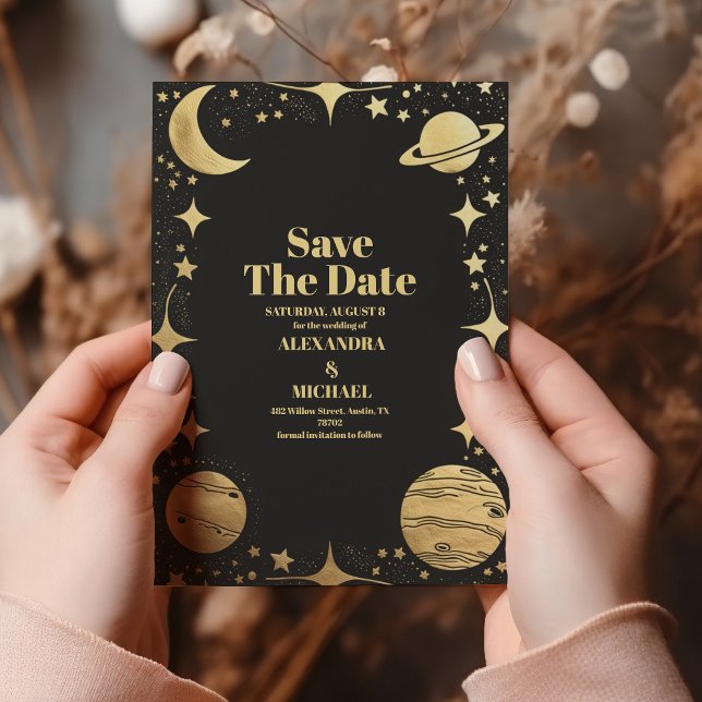 Celestial Black Gold Crescent Moon Wedding Save The Date (Von Creator hochgeladen)