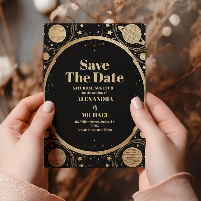 Celestial Black Gold Crescent Moon Wedding Save The Date (Von Creator hochgeladen)