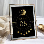 Celestial Black Gold Moon Phasen Hochzeit Tischnummer<br><div class="desc">Elegante Hochzeitsstiftung mit einer schönen Abbildung der Mondphasen und der modernen Typografie.</div>